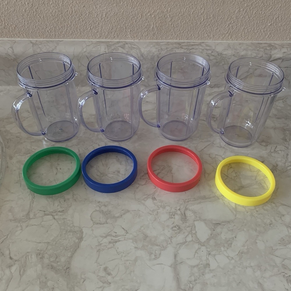 Magic Bullet Replacement Cups with Handles and Colored Lip Rings Lot of 4
